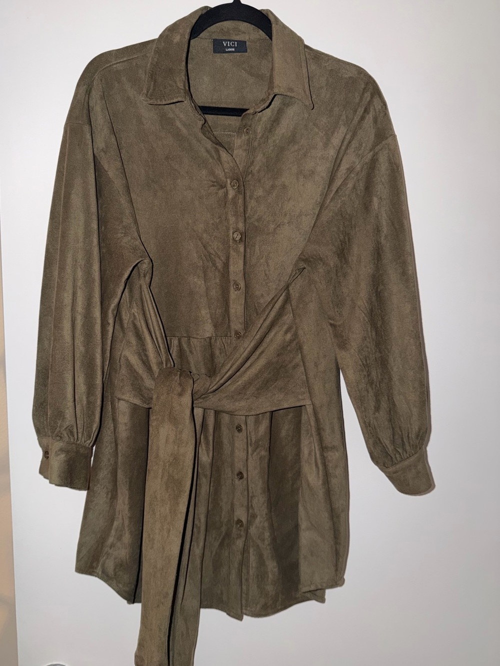 VICI Olive Suede Button-Front Tie Shirt Dress